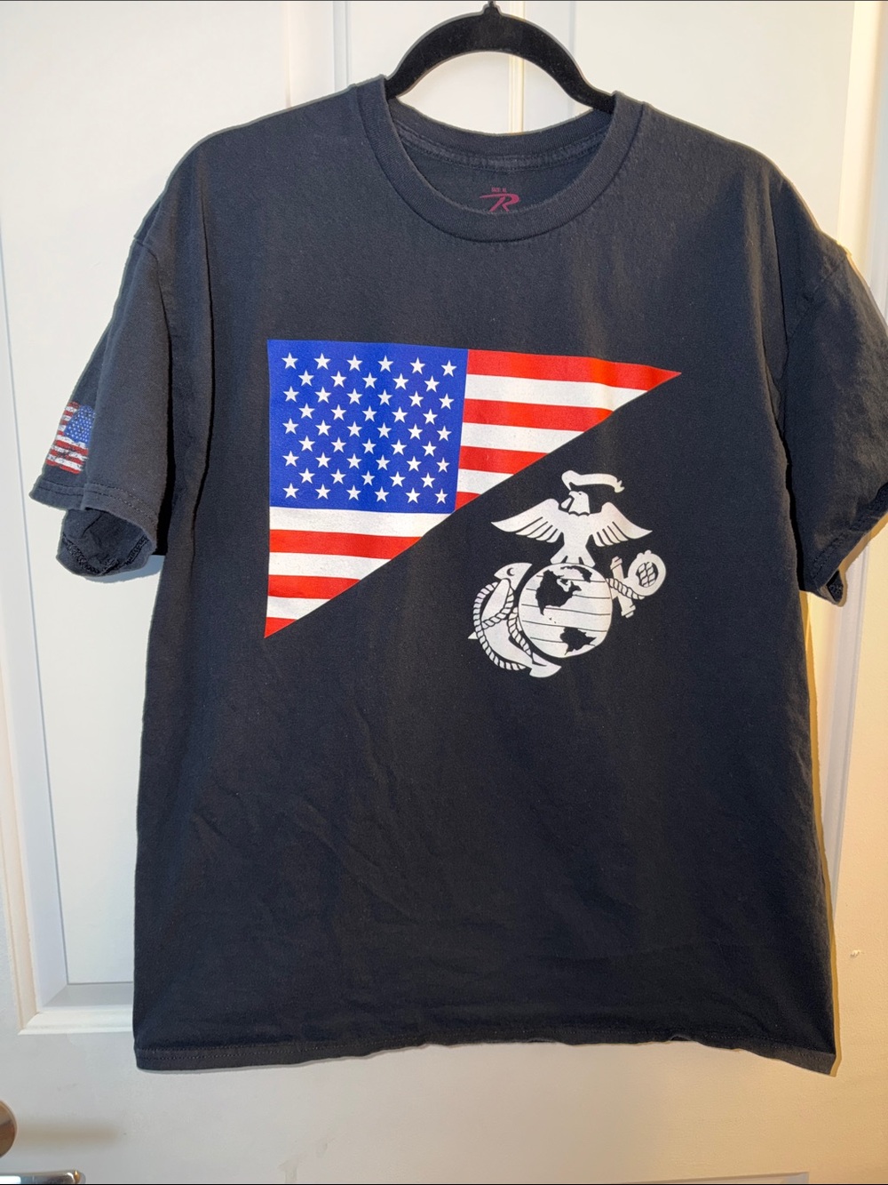 Rothco Black Short-Sleeve Tee with American Flag and White Marine Emblem